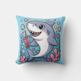 Kawaii Shark Boba Tea Ocean Vibes Throw Pillow