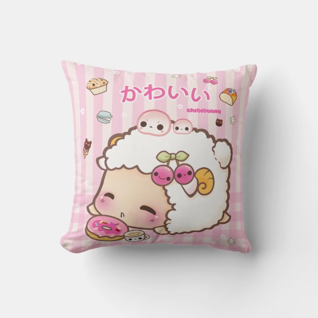 Kawaii sheep and cute donut throw pillow (Front)