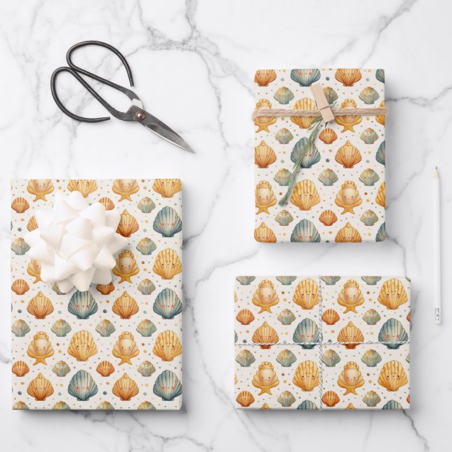Kawaii Shells Yellow and Blue Wrapping Paper Sheets (Front)