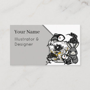 Kawaii Skeleton Bunny & Zen Fish Art Business Card