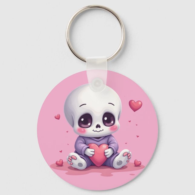 Kawaii Skeleton Holding Heart Keychain (Front)