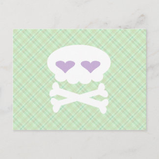 Kawaii Skull Crossbones on Punky Green Plaid Postcard