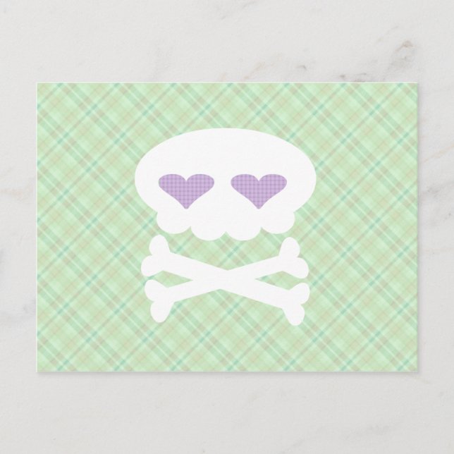 Kawaii Skull Crossbones on Punky Green Plaid Postcard (Front)