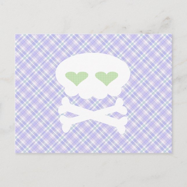 Kawaii Skull Crossbones on Punky Purple Plaid Postcard (Front)