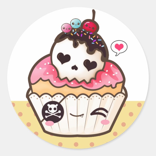 Kawaii skull cupcake classic round sticker (Front)