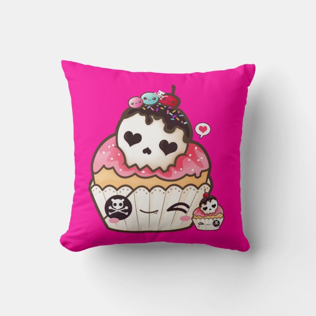 Kawaii skull cupcake throw pillow (Front)