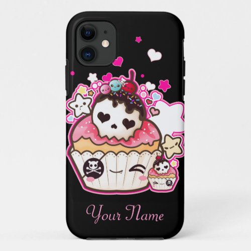 Kawaii skull cupcake with stars and hearts iPhone 11 case