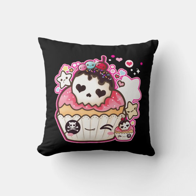 Kawaii skull cupcake with stars and hearts throw pillow (Front)