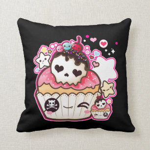 Kawaii skull cupcake with stars and hearts throw pillow