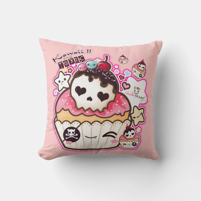 Kawaii skull cupcakes with stars and hearts throw pillow (Front)
