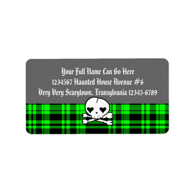 Kawaii Skull & Neon Green Plaid Label (Front)