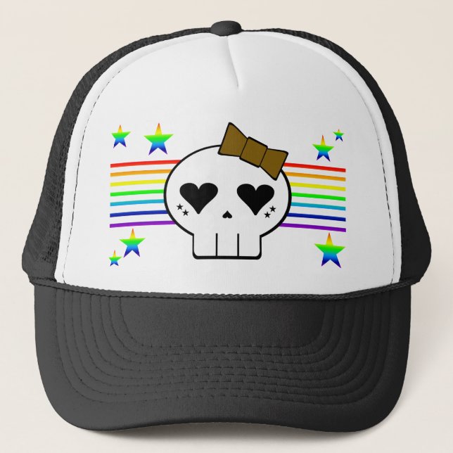 KAWAII SKULL RAINBOW STRIPES STARS TRUCKER HAT (Front)