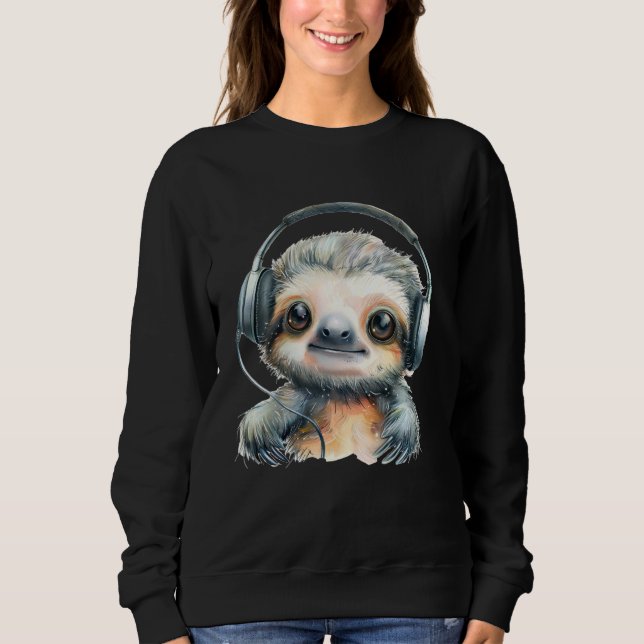 Kawaii Sloth Headphones Animal Sketch Music Lover Sweatshirt (Front)