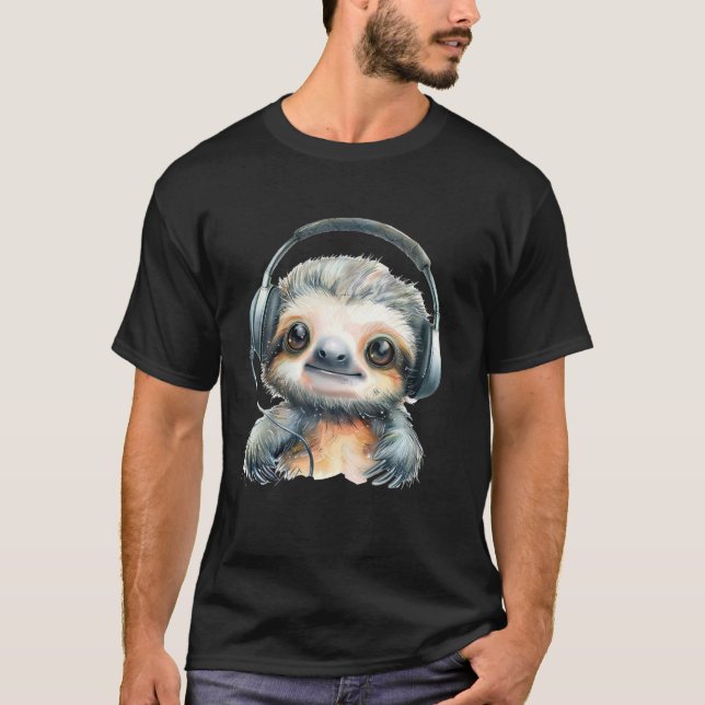Kawaii Sloth Headphones Animal Sketch Music Lover T-Shirt (Front)
