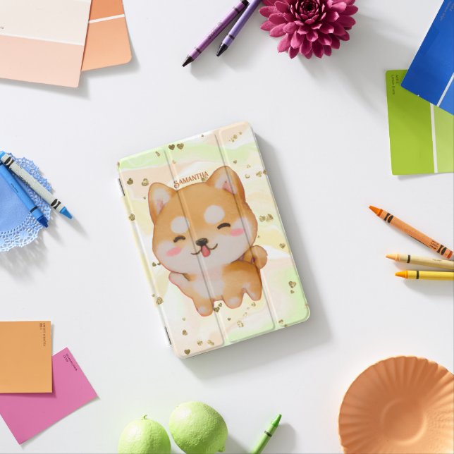 Kawaii Smiling Cartoon-Style Shiba Inu iPad Mini Cover (In Situ)