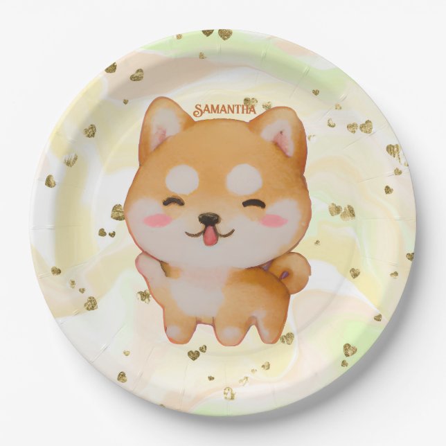 Kawaii Smiling Cartoon-Style Shiba Inu Paper Plates (Front)