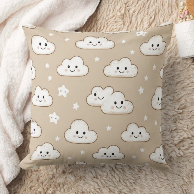  Kawaii Smiling Clouds & Stars on Beige Throw Pillow (Blanket)