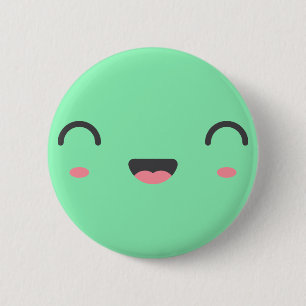 Kawaii smiling face with round closed eyes, green button