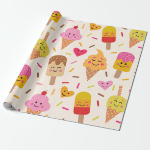 Kawaii Smiling Ice cream Kids Birthday Wrapping Paper