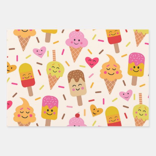 Kawaii Smiling Ice cream Kids Birthday  Wrapping Paper Sheets