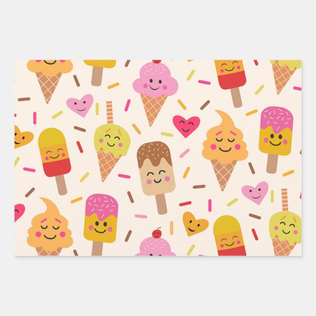 Kawaii Smiling Ice cream Kids Birthday  Wrapping Paper Sheets (Front)