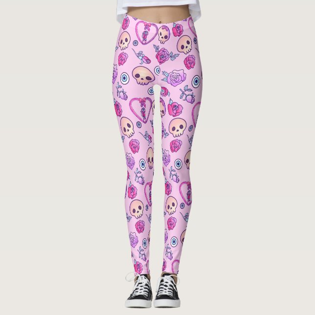 Kawaii Snakes And Roses Pastel Goth Leggings (Front)