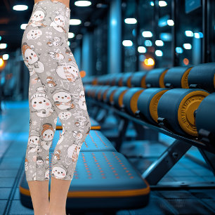 Kawaii Snowmen Pattern in Warm Neutrals – Custom Capri Leggings