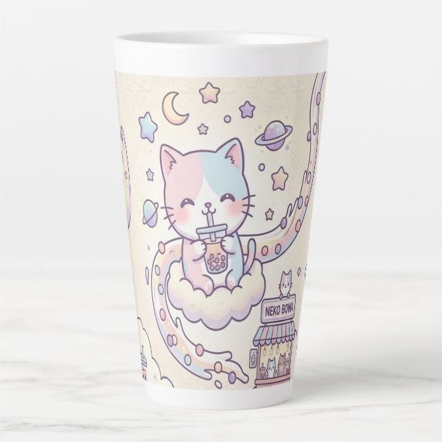 Kawaii Space Cat Drinking Boba Latte Mug  (Front)