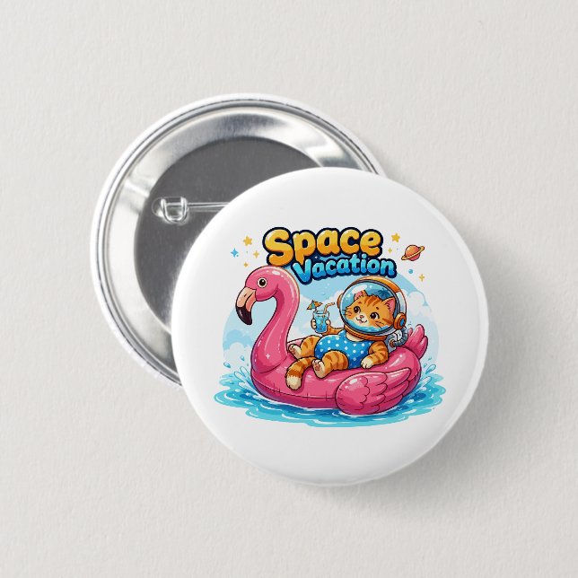  Kawaii Space Cat Vacation Design Button (Front & Back)