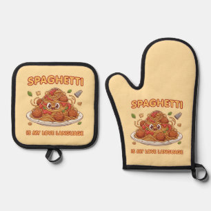 Kawaii Spaghetti Love Language Art Oven Mitt & Pot Holder Set