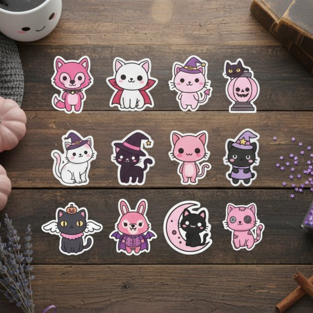 Kawaii Spooky Cat Sticker Pack (Pastel Halloween Feline Friends & Witchy Kitties)