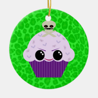 Kawaii Spooky Cupcake Green Leopard Print Ornament