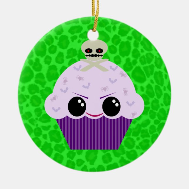 Kawaii Spooky Cupcake Green Leopard Print Ornament (Front)