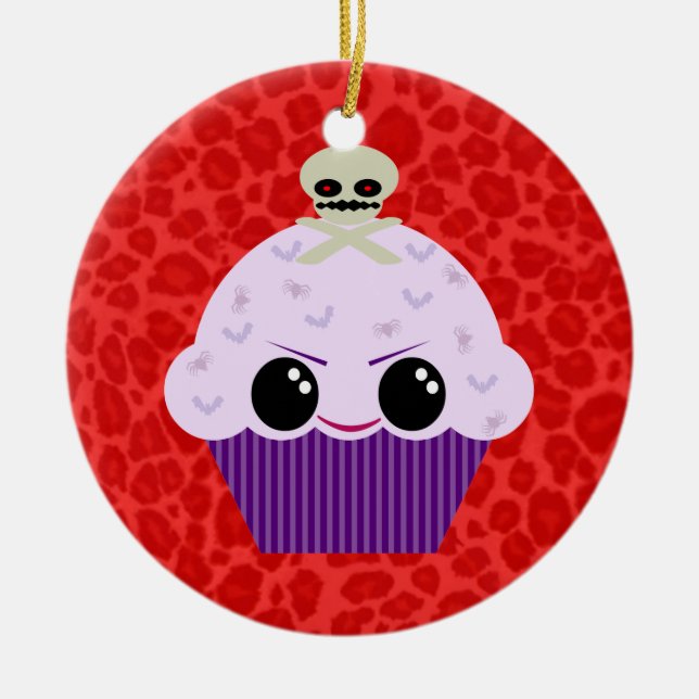 Kawaii Spooky Cupcake Red Leopard Print Ornament (Front)