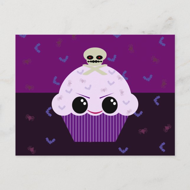 Kawaii Spooky Cupcake Skull Spiders Bats Postcard (Front)