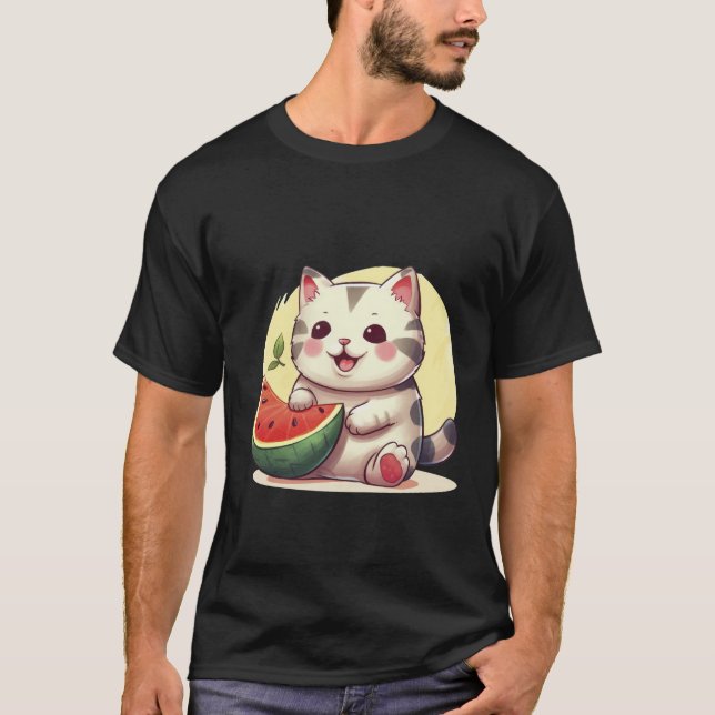 Kawaii Spotted Cat with Watermelon Summer Art ✨🐾 T-Shirt (Front)