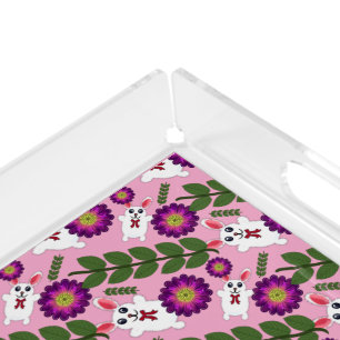 Kawaii Spring Bunny: Vibrant Purple Floral Acrylic Tray