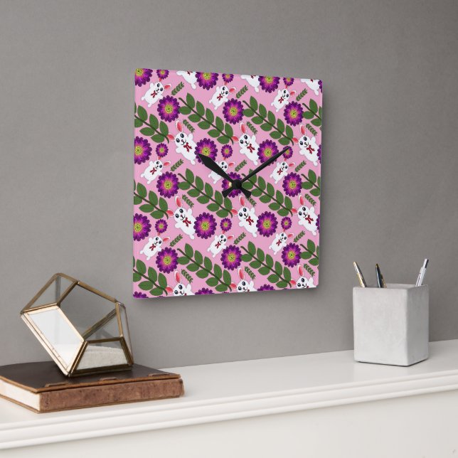 Kawaii Spring Bunny: Vibrant Purple Floral  Square Wall Clock (Office)
