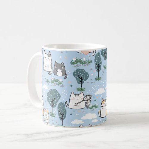 Kawaii Spring Cats Nature Pattern Coffee Mug