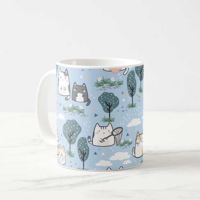 Kawaii Spring Cats Nature Pattern Coffee Mug (Front Left)