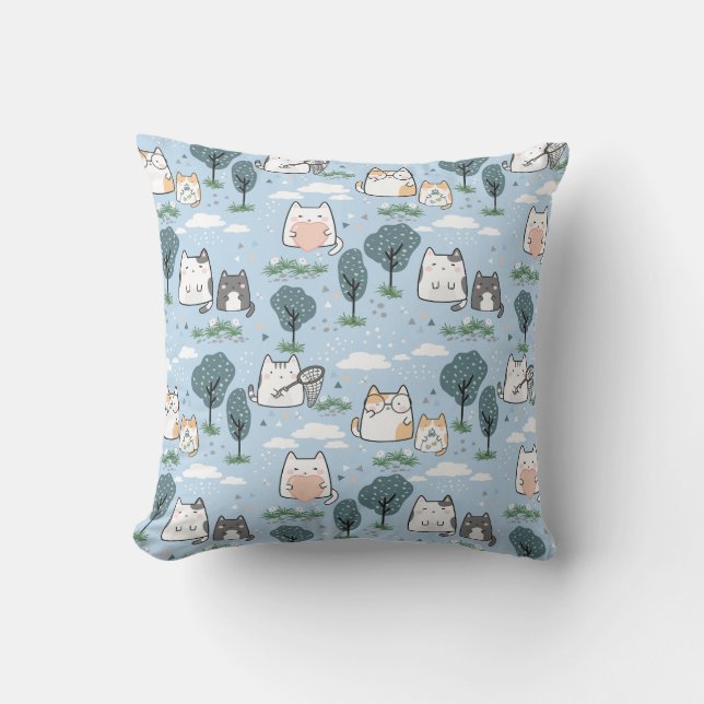 Kawaii Spring Cats Nature Pattern Throw Pillow (Front)