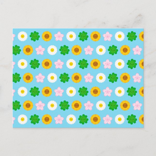 Kawaii Spring Flowers (Blue) Postcard (Front)