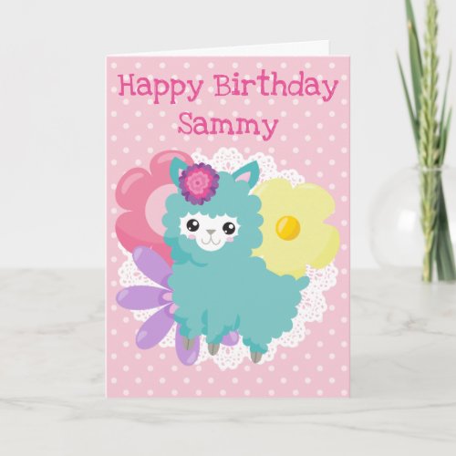 Kawaii Spring Pink Llama Happy Birthday Card