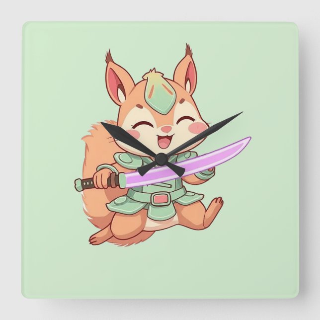 Kawaii Squirrel Samurai. Square Wall Clock (Front)