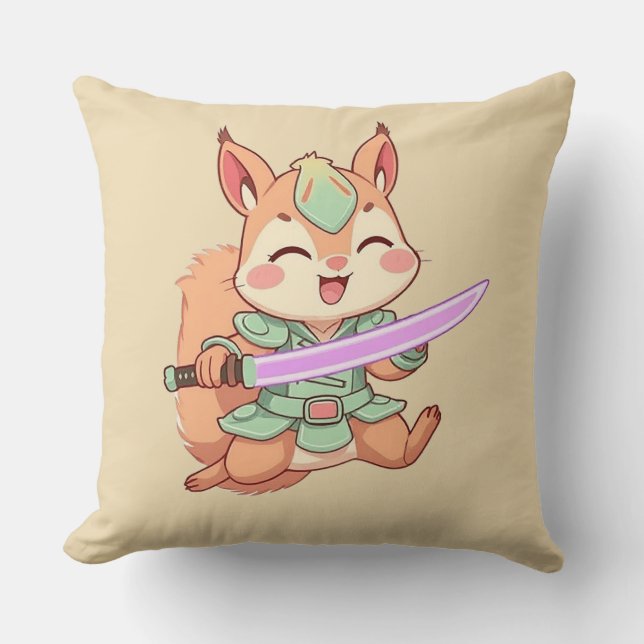 Kawaii Squirrel Samurai. Throw Pillow (Front)