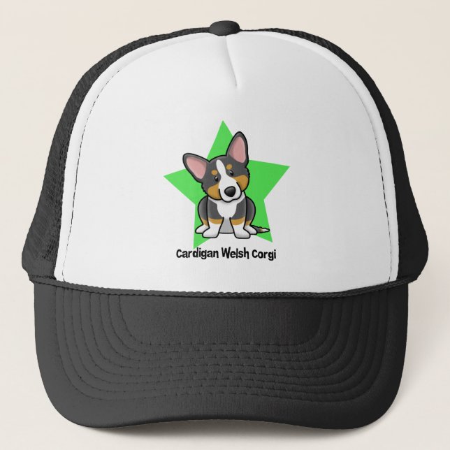 Kawaii Star Black & Tan Cardigan Welsh Corgi Trucker Hat (Front)
