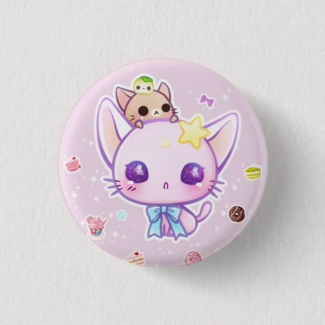 Kawaii star kitty with cute cakes button (Front)