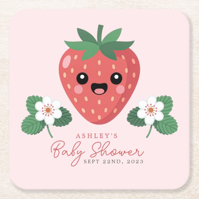 Kawaii Strawberry Baby Shower Square Paper Coaster (Front)