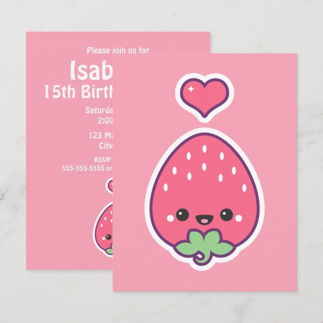Kawaii Strawberry Birthday Party Invitaions Invitation (Front/Back)