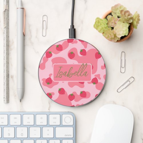 kawaii strawberry cow personalized wireless charger 